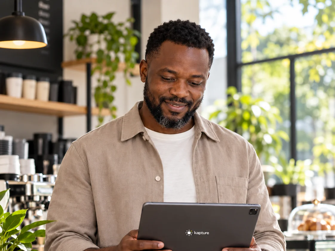 A café owner checking his new website on a tablet